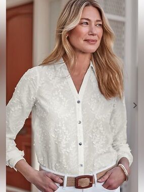 J. Jill White Embroidered Cotton Button-Up Blouse
